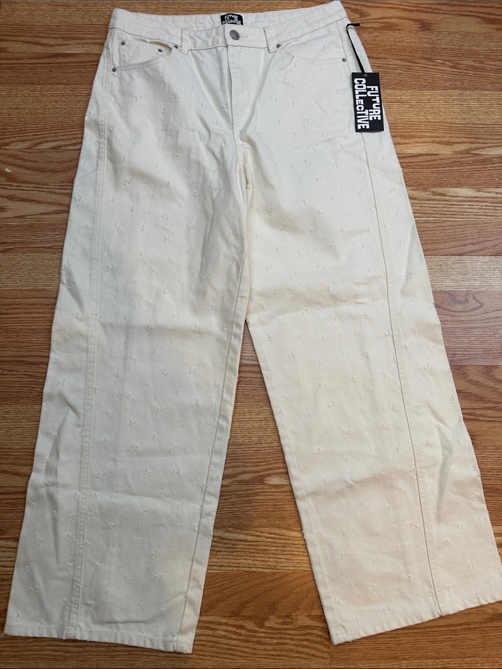 Future Collective Ivory Distressed Wide Leg Jeans Size 12 NWT